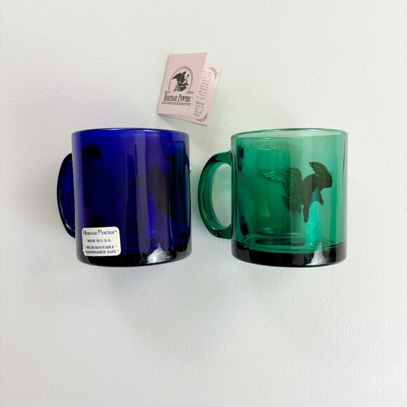 HERITAGE PEWTER Eagle Coffee Mugs Set Of 2 Glass Jade Cobalt Patriotic Woodland - Picture 12 of 15
